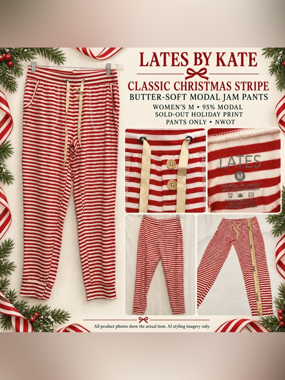 Lates By Kate Classic Christmas Stripe Jam Pajama Pants M Modal Candy Cane NWOT